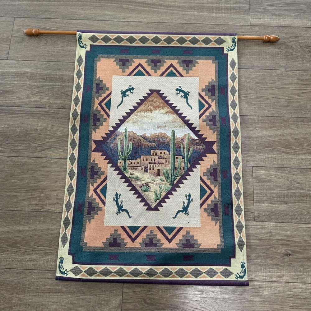 Kokopelli Tapestry Wall Art Lizards Desert Wooden Rod 37x25‎